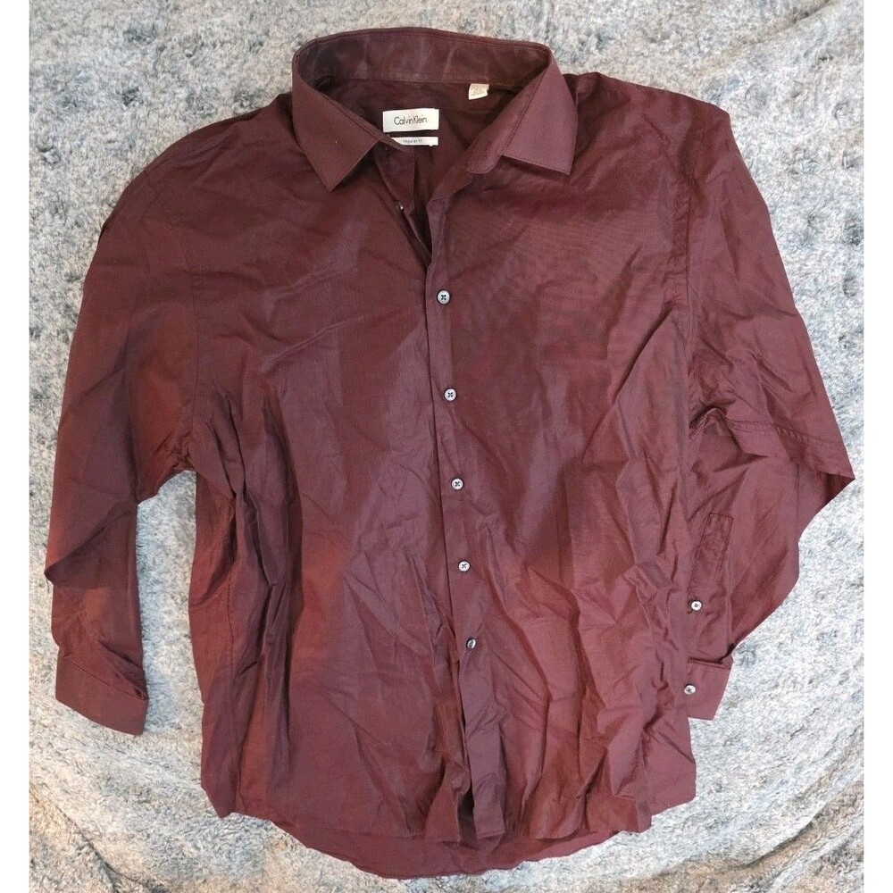 Calvin Klein Men's Button-Up Shirt 16.5" x 32/33 Burgundy Long Sleeve